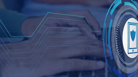 Hands pressing keys, activating HUD with shield and blue circuit lines syncing, Stock Footage 334788722