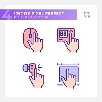 Hands pressing keys on devices pixel perfect RGB color icons set Stock-Illustration
