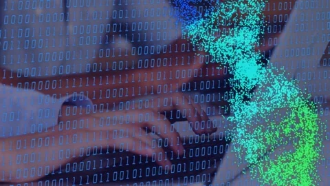 Hands pressing keys on laptop, binary overlay, particles forming helix then Stock Footage 334703600