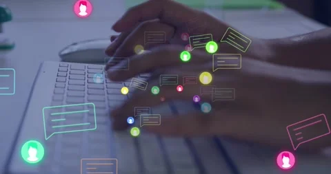 Hands pressing keys on white keyboard and generating floating chat icons for Stock Footage 328240423