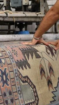 Hands pressing patterned rug onto cleaning roller in industrial workshop Foto stock