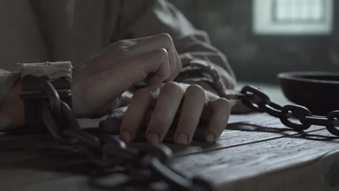 Hands of a prisoner locked in chains, right hand scratching the left hand Stock Footage 337648646