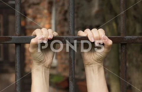 Hands of the prisoner on a steel lattice close-up Stock Photos
