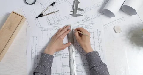 The hands of a professional architect draw a sketch of a design project. 4K. Stock Footage 154510629