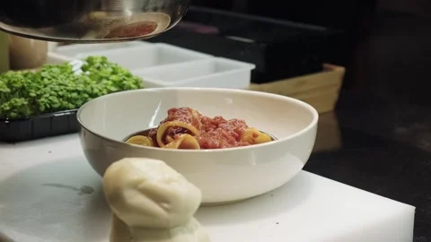Hands of professional chef putting organic sauce on top of dish in white ceramic Stock Footage 240653599