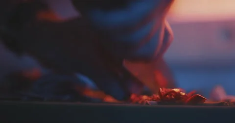 Hands of professional cook cutting pepper on chopping board Video stock 203556621