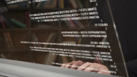 Hands of professional programmer working with program code on transparent screen Stock Footage 97495117