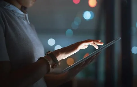 Hands, programmer and night in office with tablet, research and coding upda.. Stock Photos