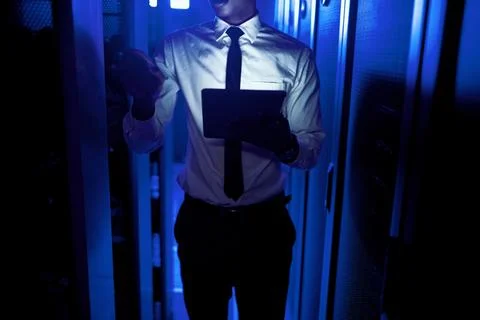 Hands, programmer and tablet in server room at night for research, coding a.. 写真素材