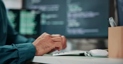 Hands, programmer and typing in office with computer, coding and system analysis Stock-Footage 346952054