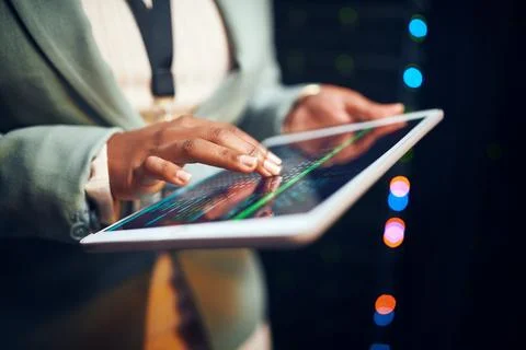 Hands, programmer and woman in server room, tablet for software development.. Stock Photos