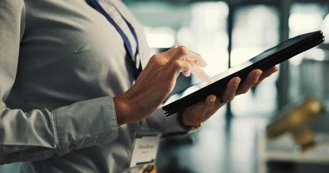 Hands, programmer or woman with tablet in agency, ai system prototyping or .. Stock-Fotos