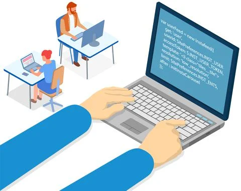 Hands of programmer working on computer, write program code. Employees work in Stock-Illustration