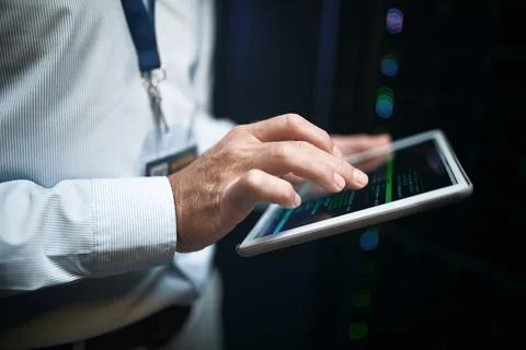 Hands, programming and man in server room, tablet for software development and 스톡 사진