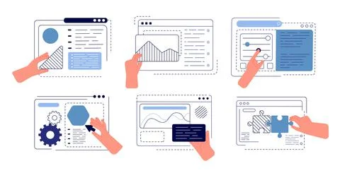 Hands programming app. Engineering apps, ui hand creating. Build application イラスト素材