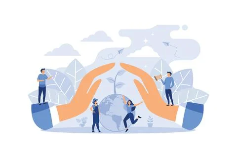 Hands protect the planet from pollution. Save the planet concept., Plant a .. Stock-Illustration