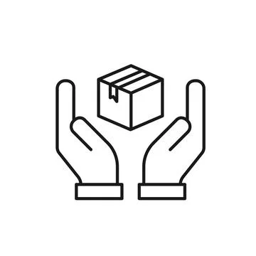 Hands Protecting a Package Box Icon in Outline Style Stock Illustration