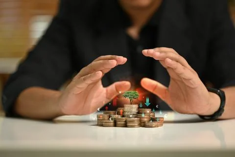 Hands protecting a tree and stack of coins. Saving money and income management Foto stock