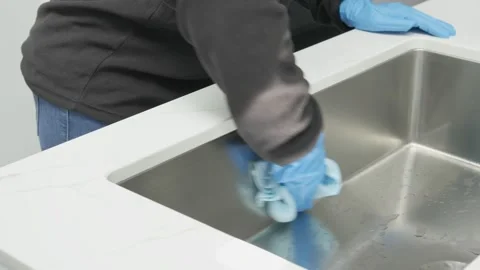 Hands in protective glove cleaning a modern sink with rag Видео 158577314