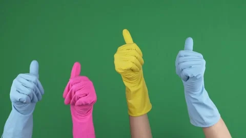 Hands with protective rubber gloves show thumbs up gesture on chroma key green 動画素材 155615270