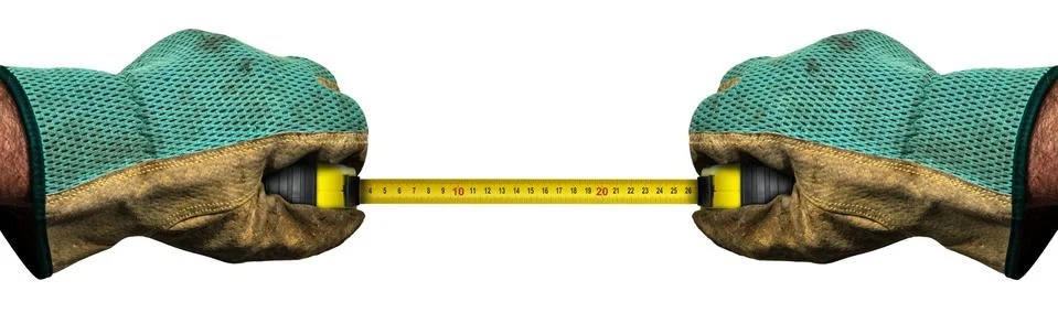 Hands with Protective work gloves Holding a Tape Measure Isolated on White Stock Photos