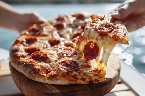 Hands pull cheese from a slice of pizza with pepperoni by the water on a su.. 스톡 사진