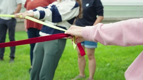 Hands pull on red strap held in circle during outdoor teamwork group exercise Video stock 317745901