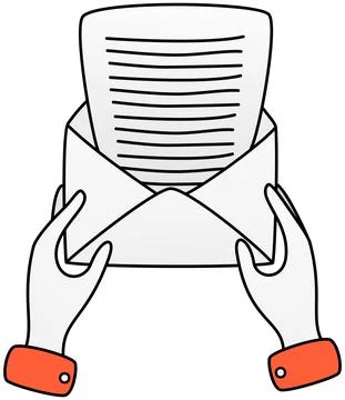 Hands pull sheet of paper from envelope. Mailing, communication via mail Stock Illustration