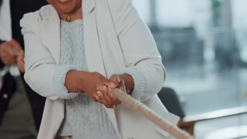 Hands, pulling and rope with employee people in office for collaboration, effort Stock Footage 312495012