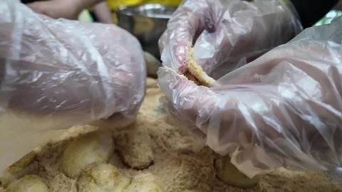Hands Pulling Fresh Mochi and Coating with Peanut Powder Indigenous Dessert.. Stock Footage 340414152