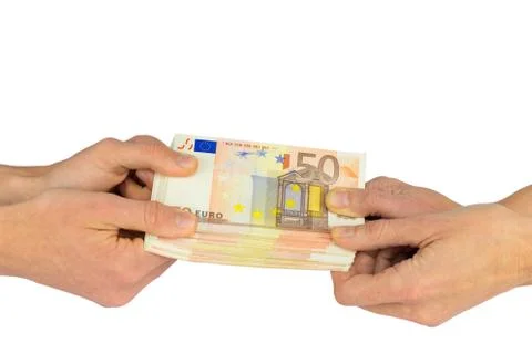Hands pulling at stack of fifty euro notes Stock Photos