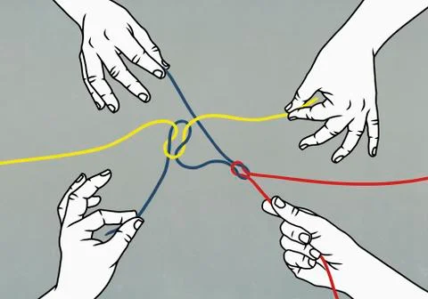 Hands pulling tangled strings Stock Illustration