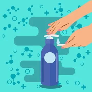 Hands Push down  the pump liquid soap or toner lotion. Stock Illustration