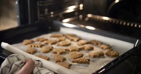 Hands put a baking sheet with cookies in electric oven, close up. Home baking Stock Footage 232987276