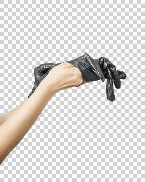 Hands put on black rubber gloves, on a white background, close-up Stock Photos