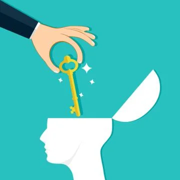 Hands put keys on the human head. Giving advice Or tips. Vector illustration Stock-Illustration