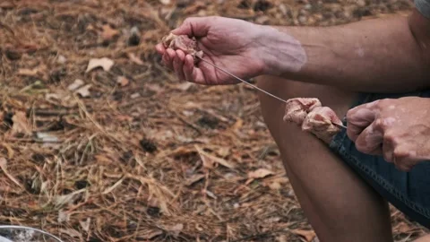 Hands Put Raw Meat for BBQ on Skewer Stock Footage 286756011