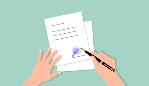 Hands put signature on document. Document work agreement officially certified Stock Illustration