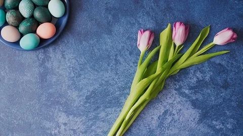 Hands putting down basket with Colorful Easter eggs on deep blue background.  Stock Footage 124383249