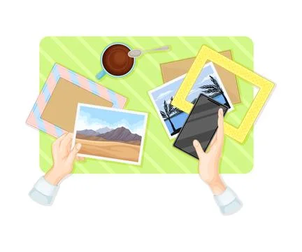 Hands Putting Postal Card in Frames at Table Above View Vector Illustration Stock Illustration