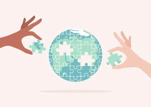 Hands putting together missing puzzle pieces in the Earth globe Stock Illustration