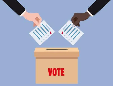 Hands putting voting blancs papers in vote box, ballot campaign. Vector isolated Stock Illustration