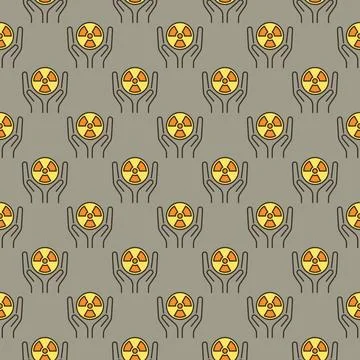 Hands with Radiation sign vector colored seamless pattern Illustrazione stock
