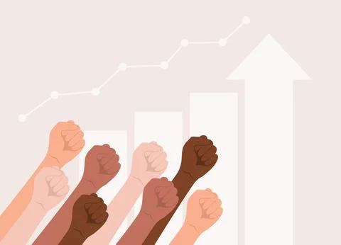 Hands raised up on the background of an growing graph with an arrow Stock Illustration