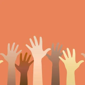 Hands raised up. Concept of volunteerism, multi-ethnicity, equality, racial a Stock Illustration