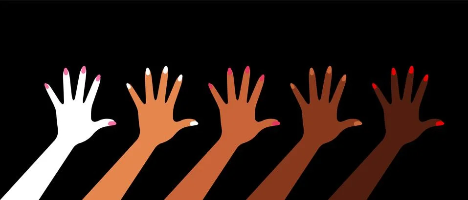 Hands raised up. Different ethnic hands, different skin colors Stock Illustration