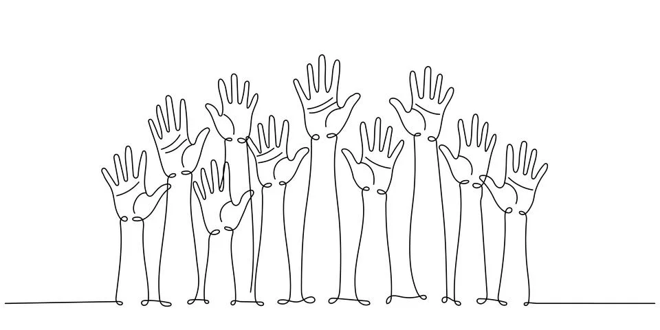 Hands raised up one line continuous drawing, Teamwork, Collaboration, Classro Stock Illustration