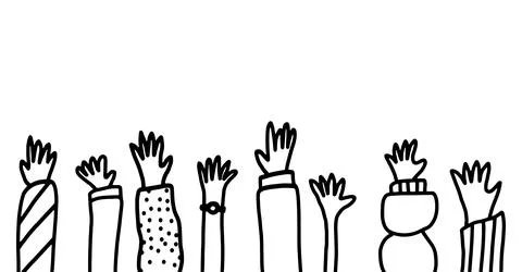 Hands raised up simple doodle drawing. Vector border illustration isolated on Illustrazione stock