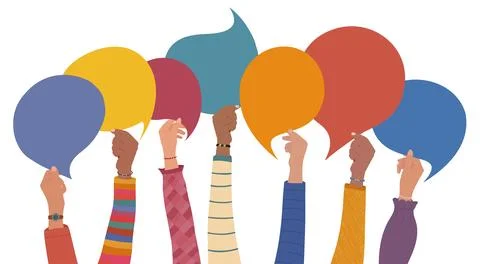 Hands raised with speech bubbles for diversity and inclusion Stock Illustration