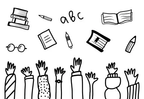 Hands raised up throwing school tools. School end concept. Simple doodle hand Stock Illustration